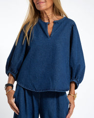 Casual Denim Loose Puffed Sleeve Blouse