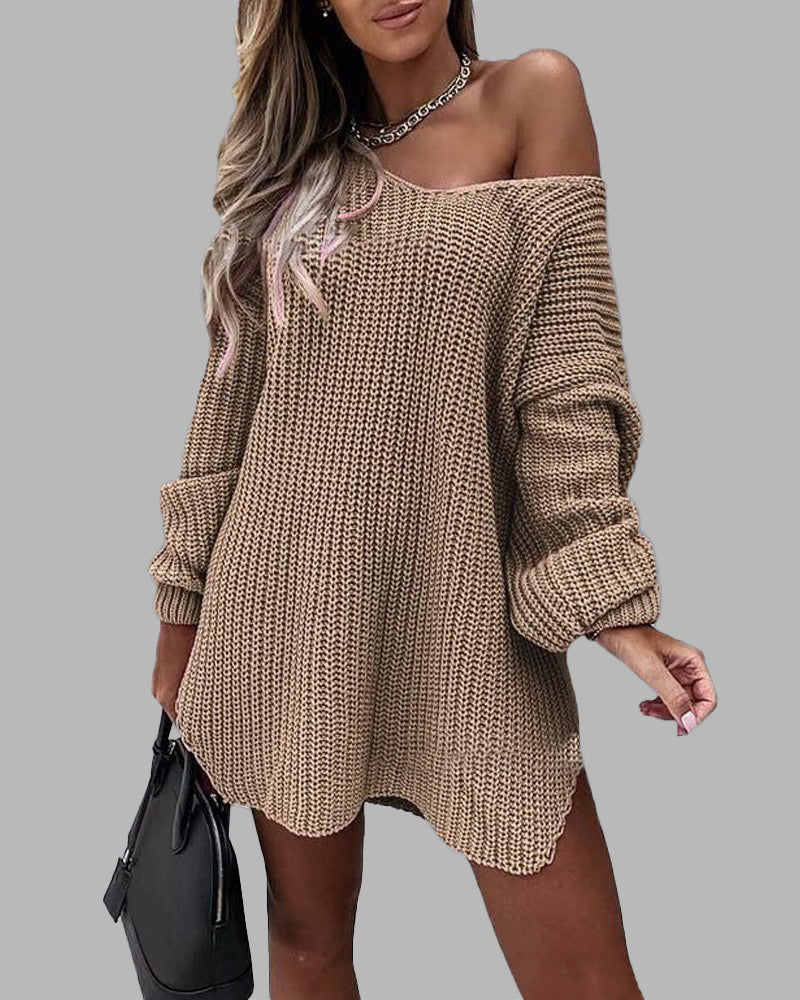 Loose Mid-length Off-shoulder V-neck Slit Knitted Sweater