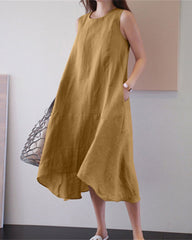 Round Neck Sleeveless Loose Solid Color Long Swing Cotton Linen Dress