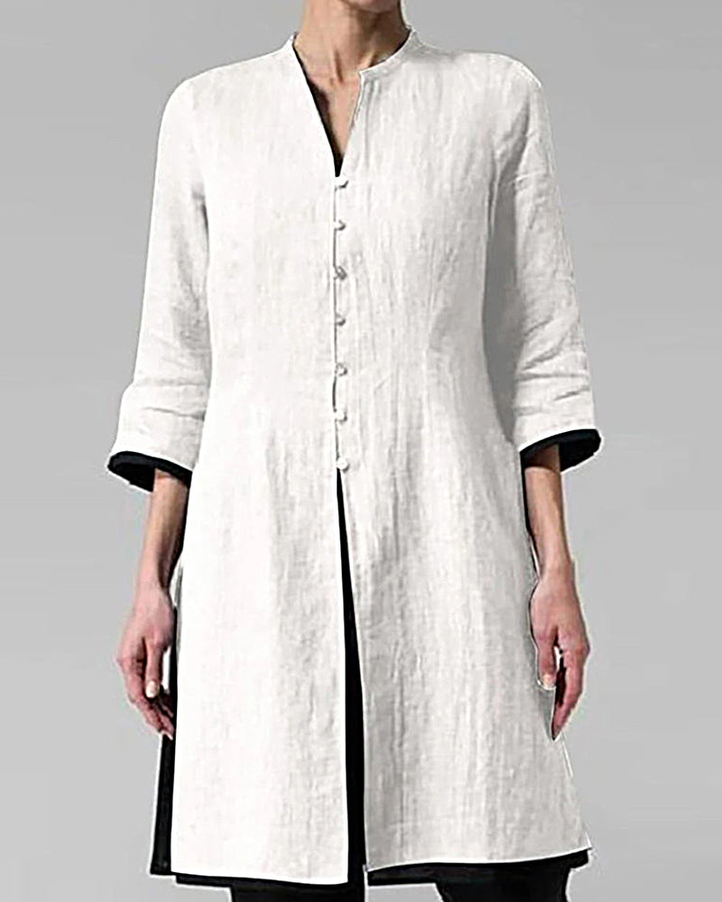 Vintage 3/4 Sleeve Single-breasted Irregular Hem Tunic Top Long Shirt Dress