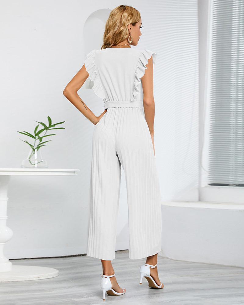 Casual Loose Jumpsuit V Neck Sleeveless Solid Ruffle Pleated Wide-leg Long Playsuit with Belt