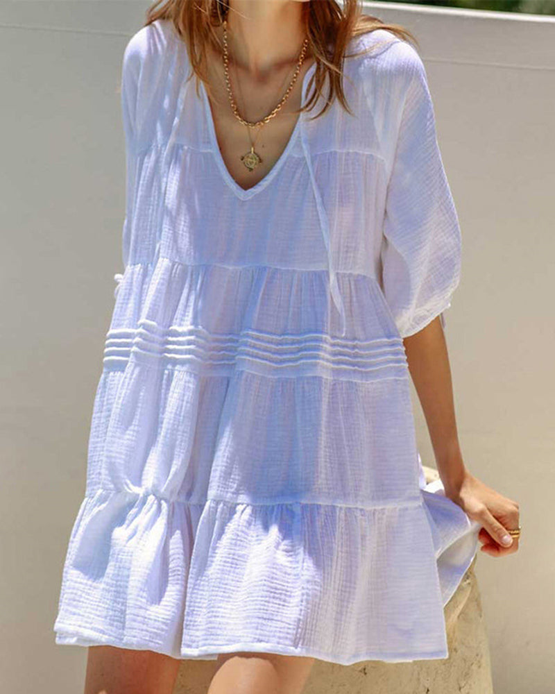 Cute Sweet Tie up V Neck Drawstring Short Sleeve Babydoll Dress Loose Tiered Ruffle Swing Tunic Mini Dress