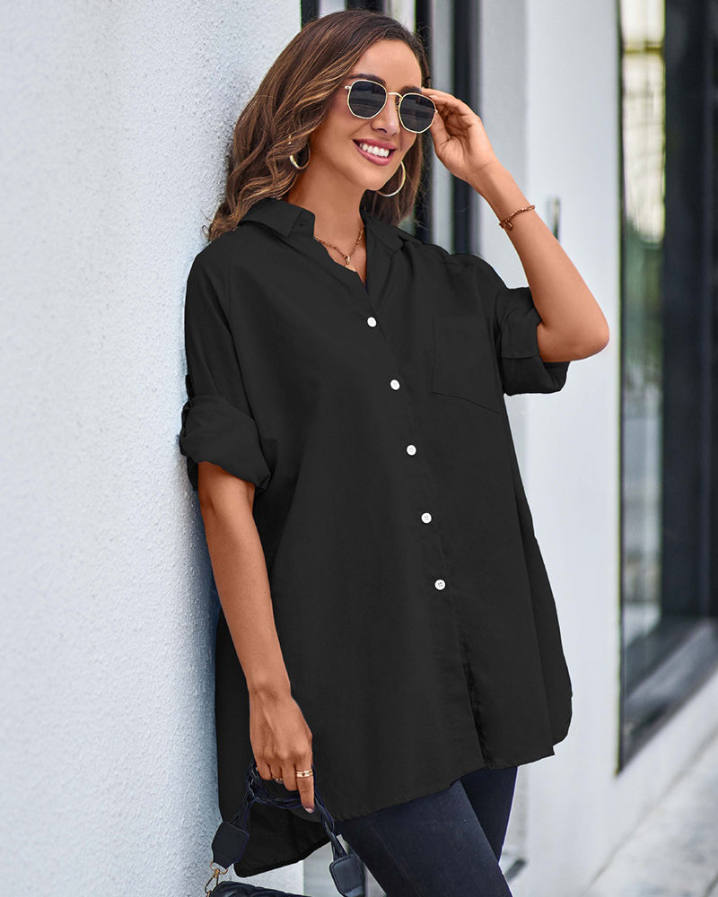 Long Cuffed Sleeve Shirts Button Down V Neck Blouse Loose Fitting Tops