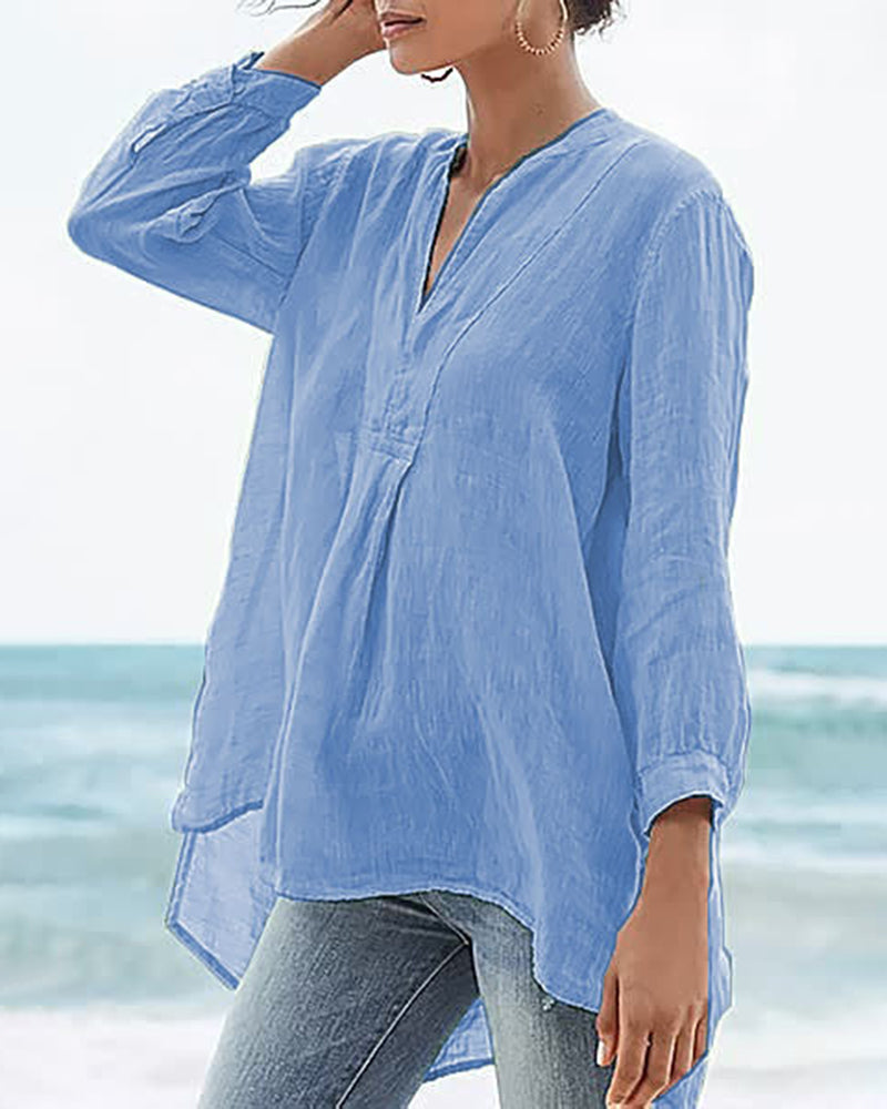 Cotton and Linen Loose Baggy Plus Size V Neck Long Sleeve Beach Shirts Blouses Tops