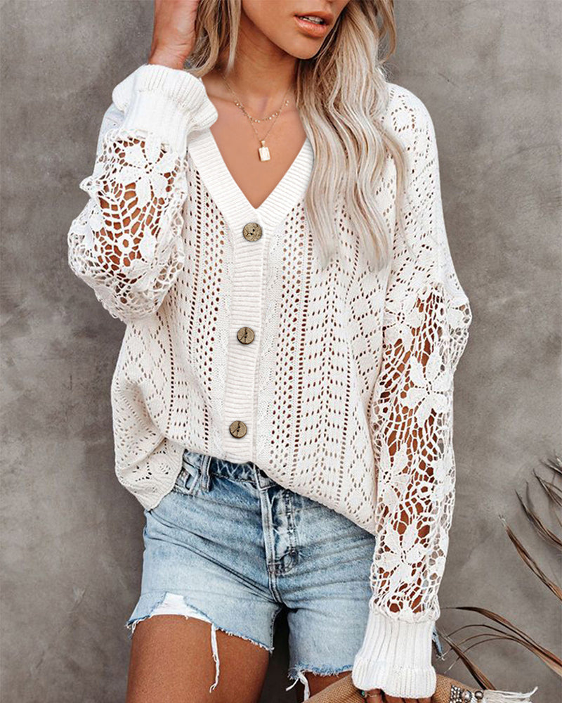 Long Sleeve Lace Cable Knit Sweater Open Front Cardigan Button Loose Shirts