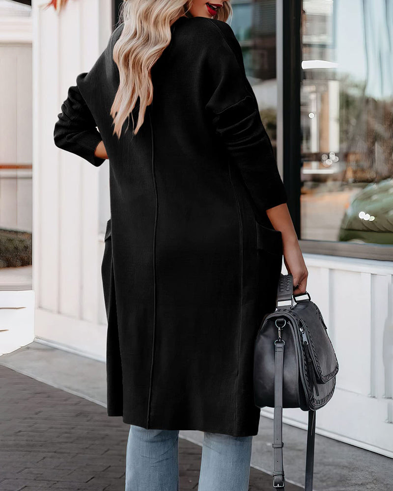 Casual Long Sleeve Draped Open Front Knit Pockets Long Cardigan Jackets Sweater