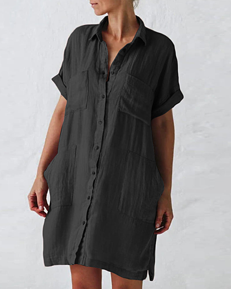 Button Down Long Sleeve V Neck Plain Oversized Dresses Slim Beach Vacation Shirt Dress