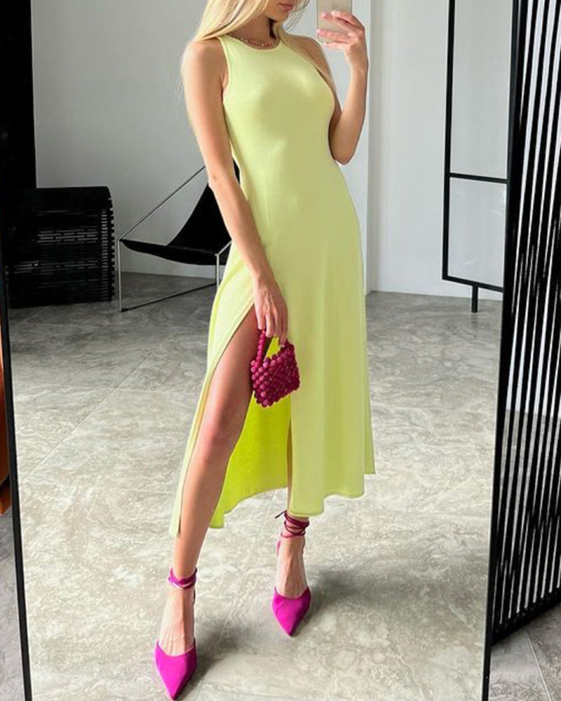 Summer A-Line Knitted Midi Dress Women Sleeveless Solid Sexy Long Dress