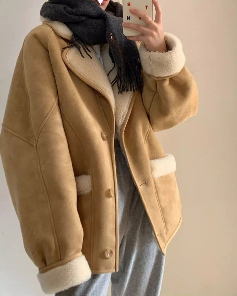 Lamb Wool Jackets Turn-down Collar Loose Fur Coat