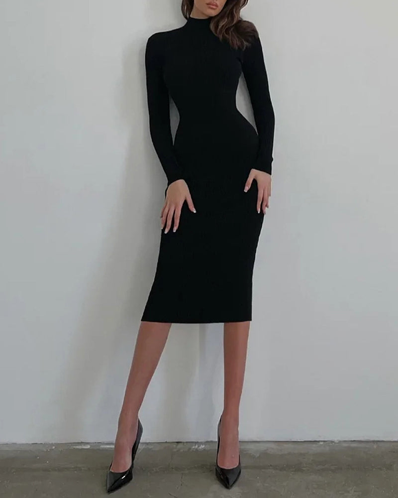 High Collar Short-length Pitted Knitted Dresses Women's Solid Color Knitted Dress