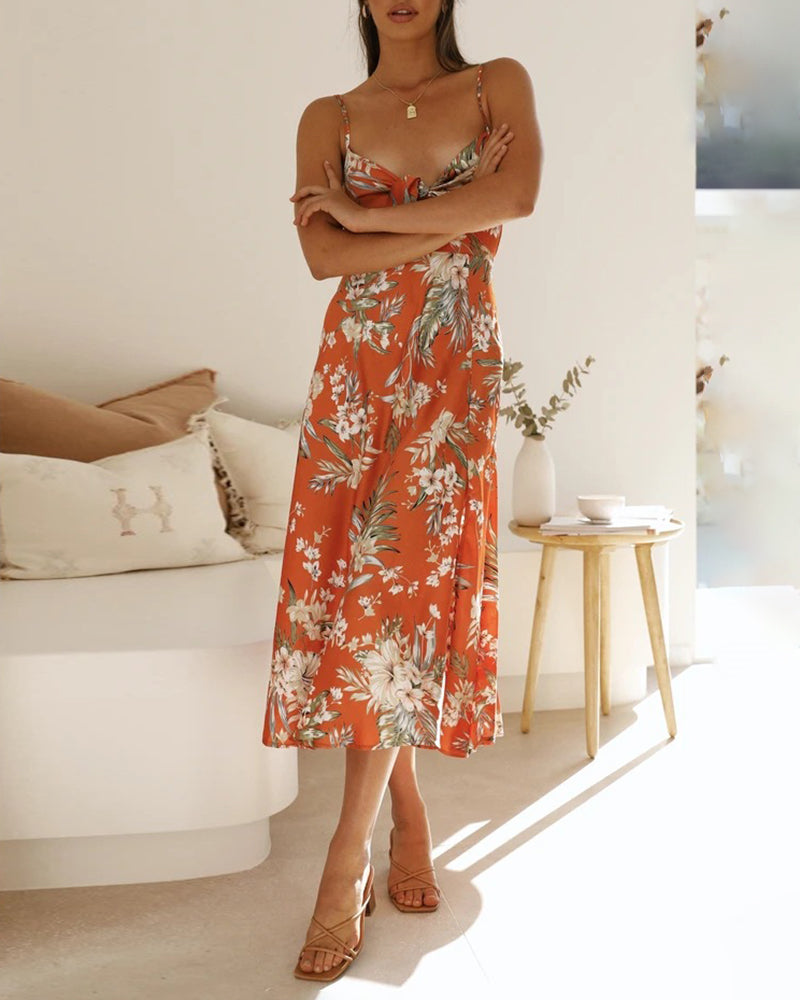 Spaghetti Strap Midi Dresses Sexy Deep V Neck Backless Floral Print Side Slit Maxi Dress