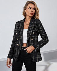 Lapel Single Button Tweed Plaid Blazer Long Sleeve Office Blazer