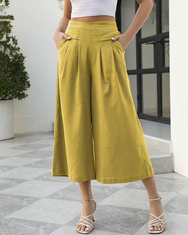 High Waist Wide Leg Pants Solid Color Pleated Casual Pants Pockets Trousers Pants