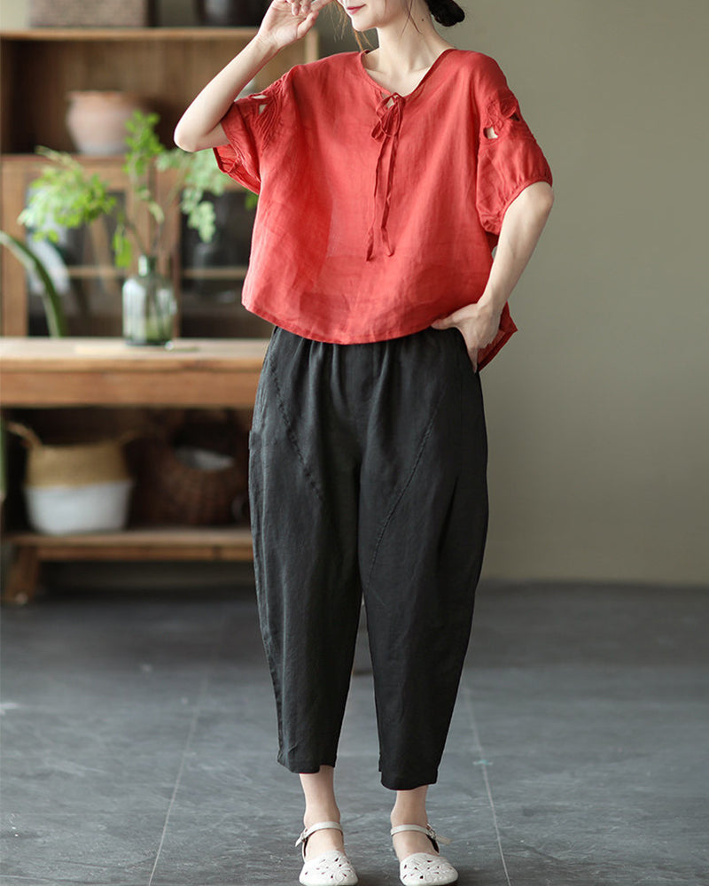 Loose Stitching Solid Color Elastic Waist Cropped Harem Pants