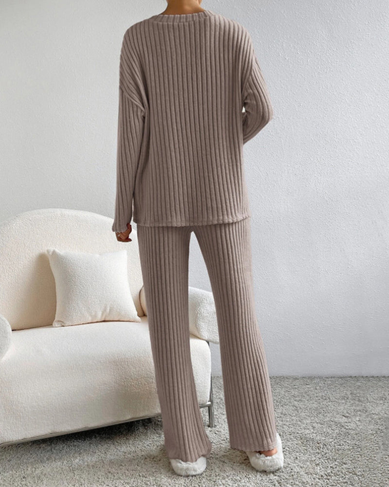 Women's Two Pieces Sets Ribbed Knit V-Neck Long-Sleeve Top & Pants Set