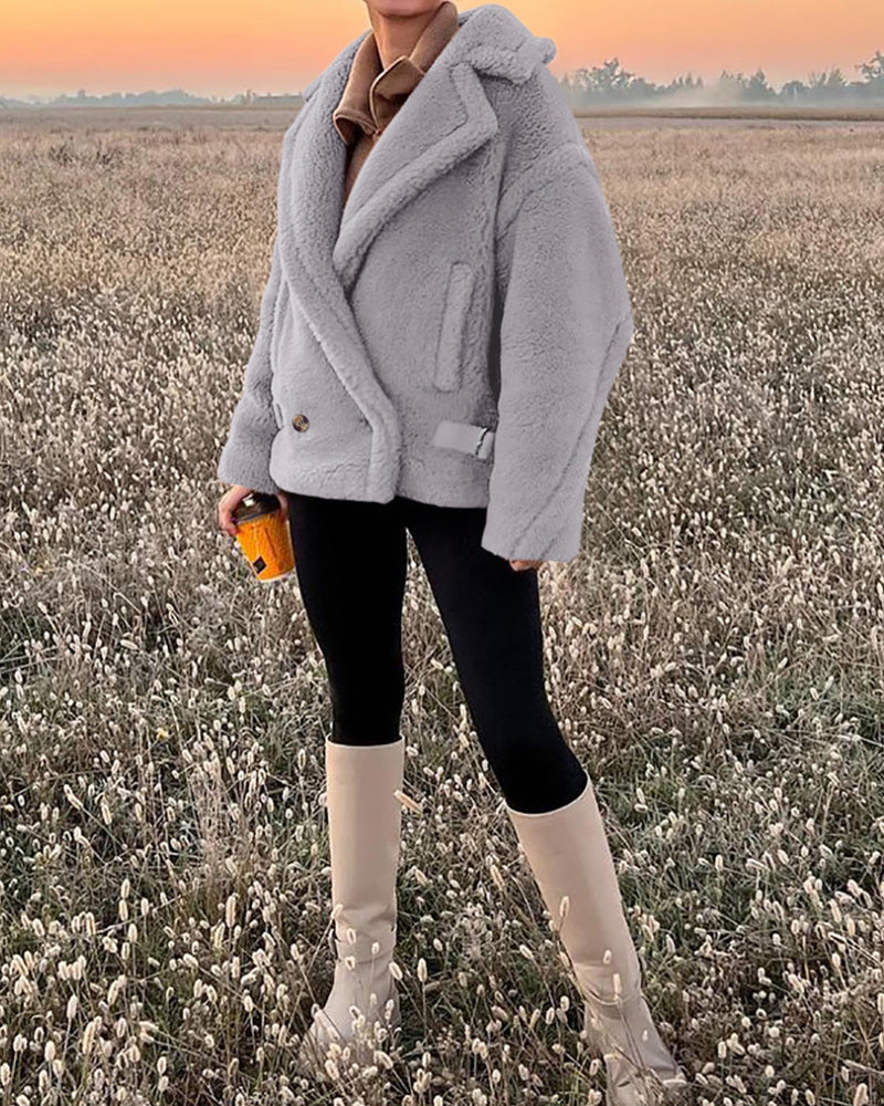 Lapel Fleece Jacket Long Sleeve Pockets Faux Fur Dressy Fall Outfits