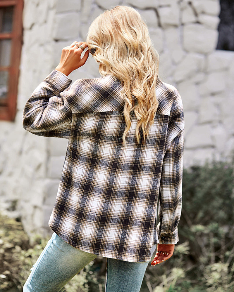 Plaid Button Front Curved Hem Shacket
