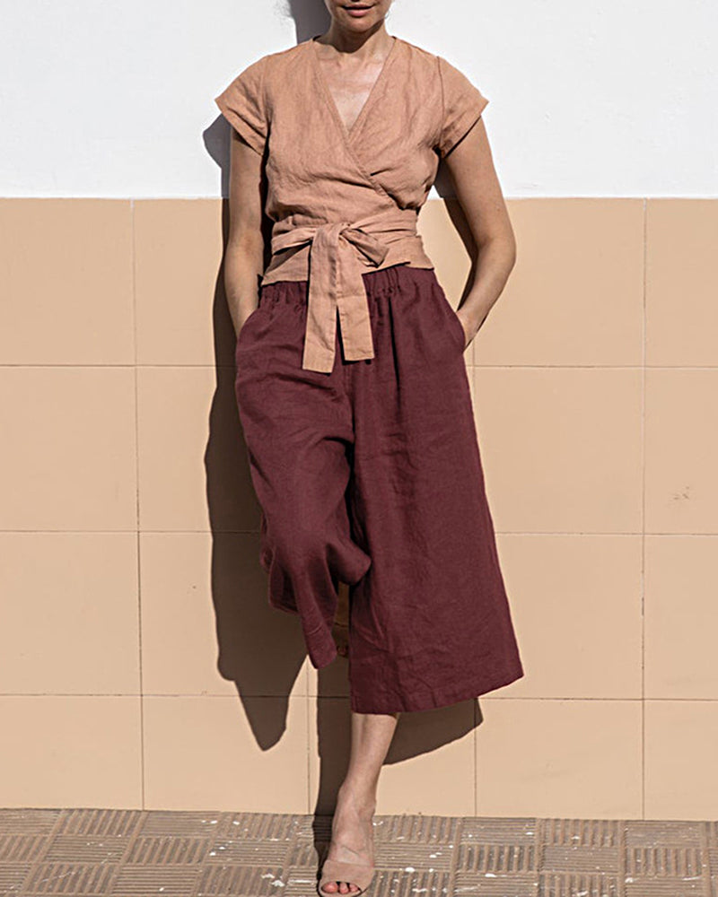 Elastic Waist Cotton Linen High Waist Wide Leg Pants