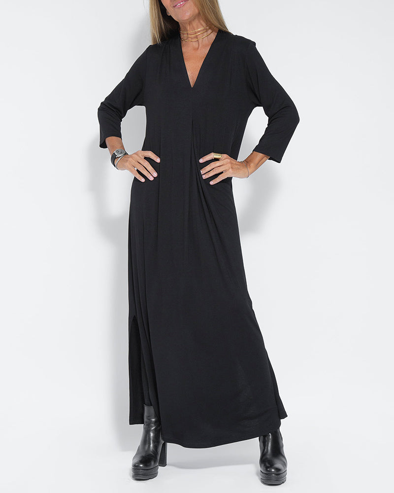 Casual Solid Color Long Sleeve V-neck Maxi Dress