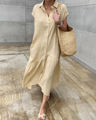 Casual Short Sleeve Ruffles Collared Button Down Maxi Dress