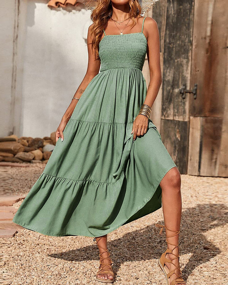 Bohemian Long Dress Spaghetti Strap Solid Swing Beach Sleeveless Maxi Dress