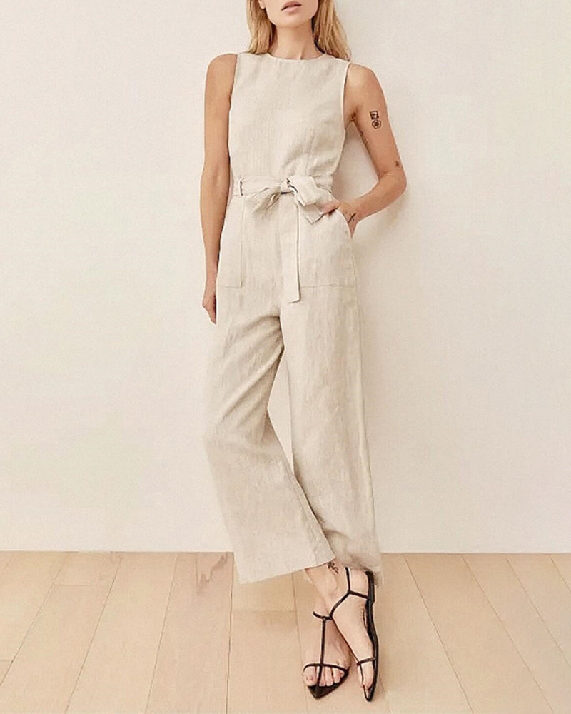 Solid Color Sleeveless Crew Neck Pockets Tie Jumpsuit