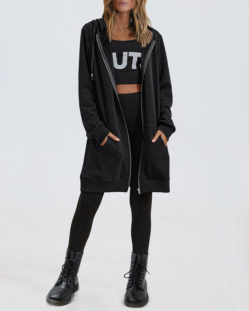 Women Zip Up Hoodies Long Fleece Jacket Lightweight Tunic Hooded Sweatshirt Oversize Winter Coat With Pockets - Zeagoo (Us Only)