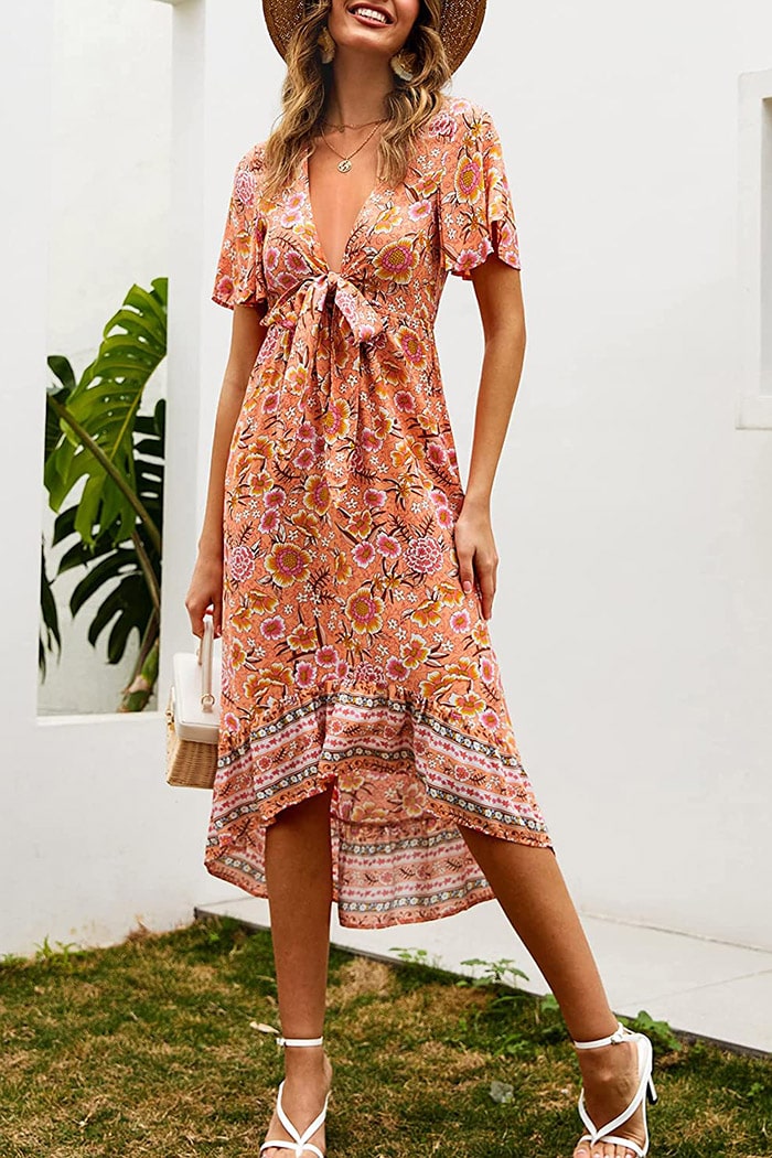 Bohemian Floral Tie Front V Neck Midi Dresses - Zeagoo (Us Only)