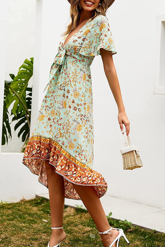 Bohemian Floral Tie Front V Neck Midi Dresses - Zeagoo (Us Only)