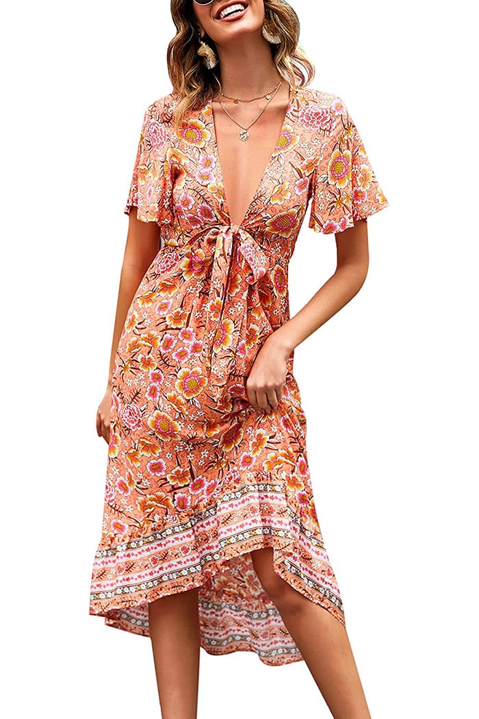 Bohemian Floral Tie Front V Neck Midi Dresses - Zeagoo (Us Only)