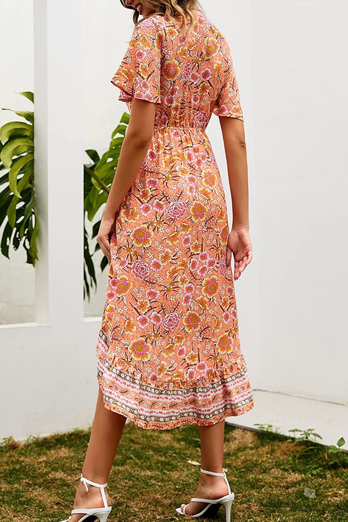 Bohemian Floral Tie Front V Neck Midi Dresses - Zeagoo (Us Only)