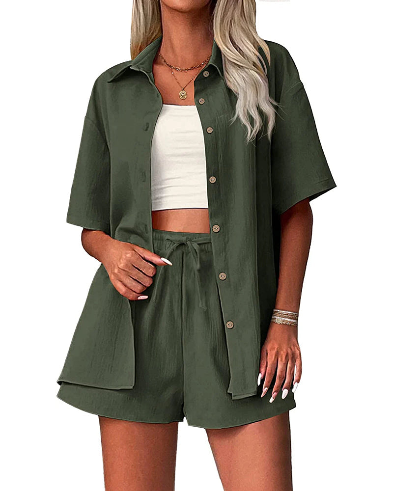 Zeagoo Womens 2 Piece Outfits Cotton Linen Shirt and Drawstring Short Set Vacation Set Casual Tracksuits (US Only)