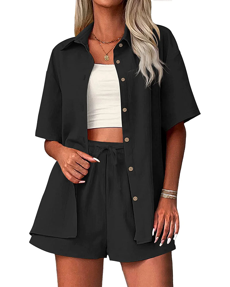 Zeagoo Womens 2 Piece Outfits Cotton Linen Shirt and Drawstring Short Set Vacation Set Casual Tracksuits (US Only)