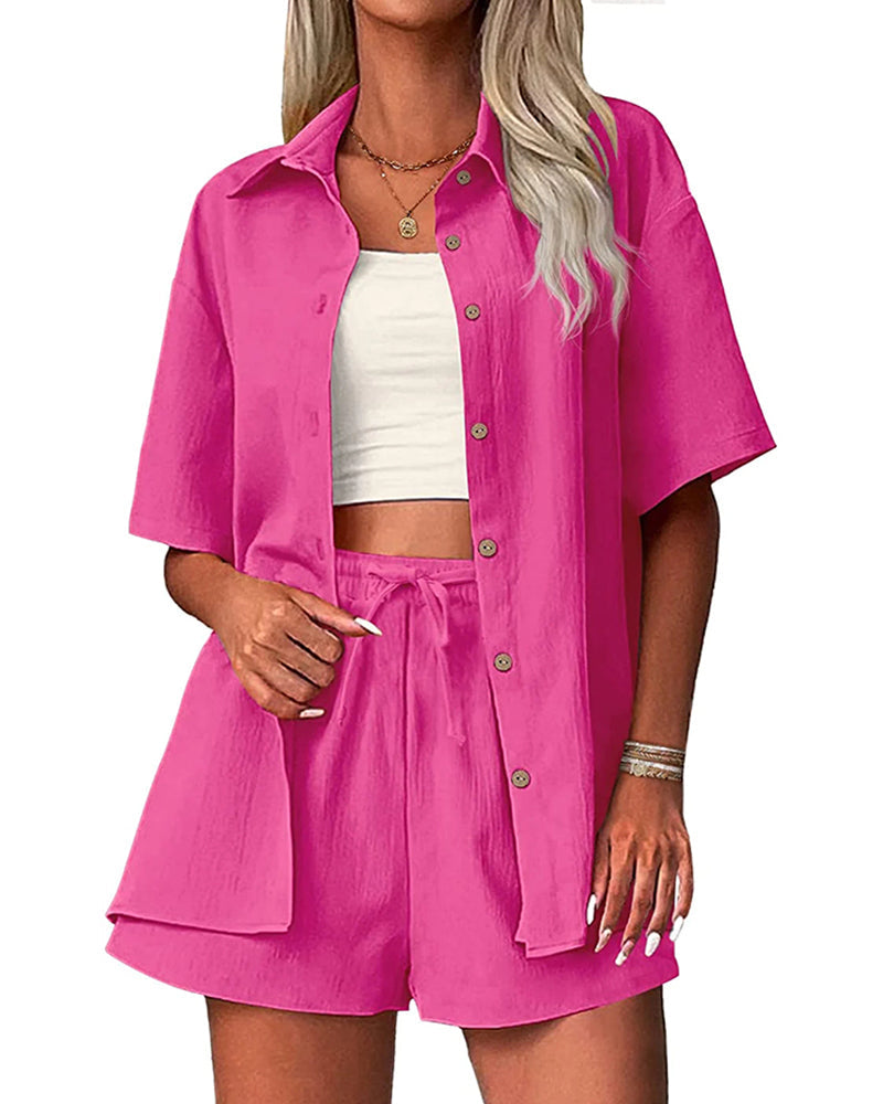 Zeagoo Womens 2 Piece Outfits Cotton Linen Shirt and Drawstring Short Set Vacation Set Casual Tracksuits (US Only)