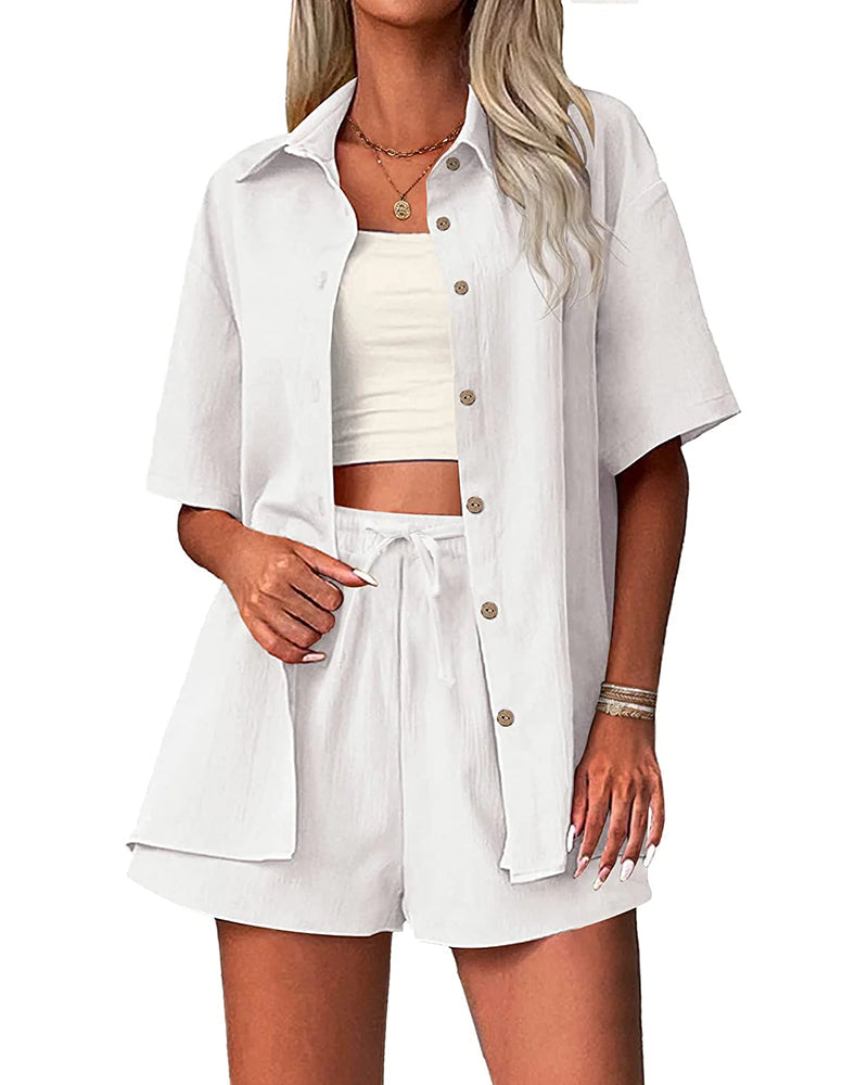 Zeagoo Womens 2 Piece Outfits Cotton Linen Shirt and Drawstring Short Set Vacation Set Casual Tracksuits (US Only)