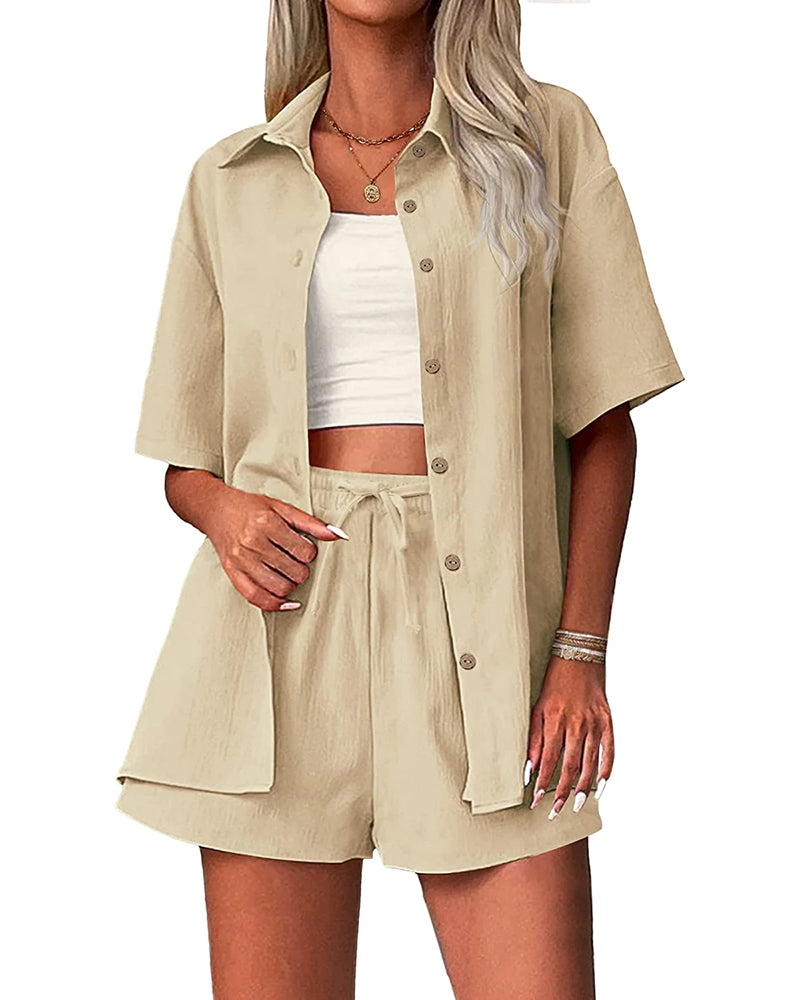 Zeagoo Womens 2 Piece Outfits Cotton Linen Shirt and Drawstring Short Set Vacation Set Casual Tracksuits (US Only)