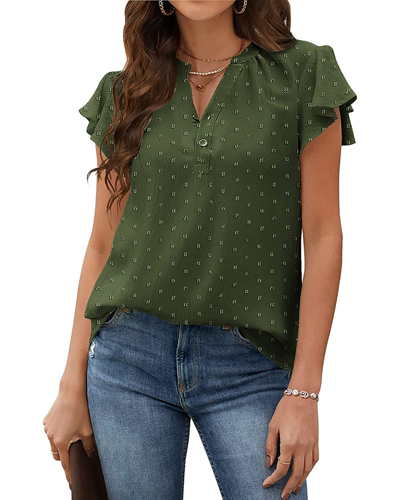 Womens Blouse V Neck Ruffle Short Sleeve Swiss Dot Tops Button Casual Shirts - Zeagoo (Us Only)