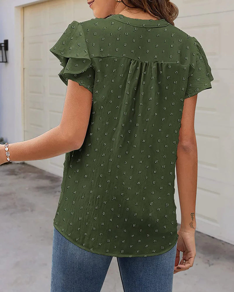 Womens Blouse V Neck Ruffle Short Sleeve Swiss Dot Tops Button Casual Shirts - Zeagoo (Us Only)