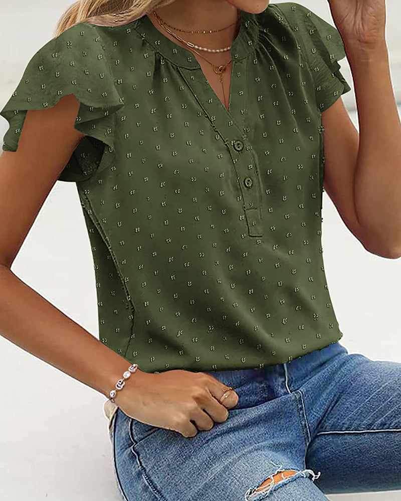 Womens Blouse V Neck Ruffle Short Sleeve Swiss Dot Tops Button Casual Shirts - Zeagoo (Us Only)