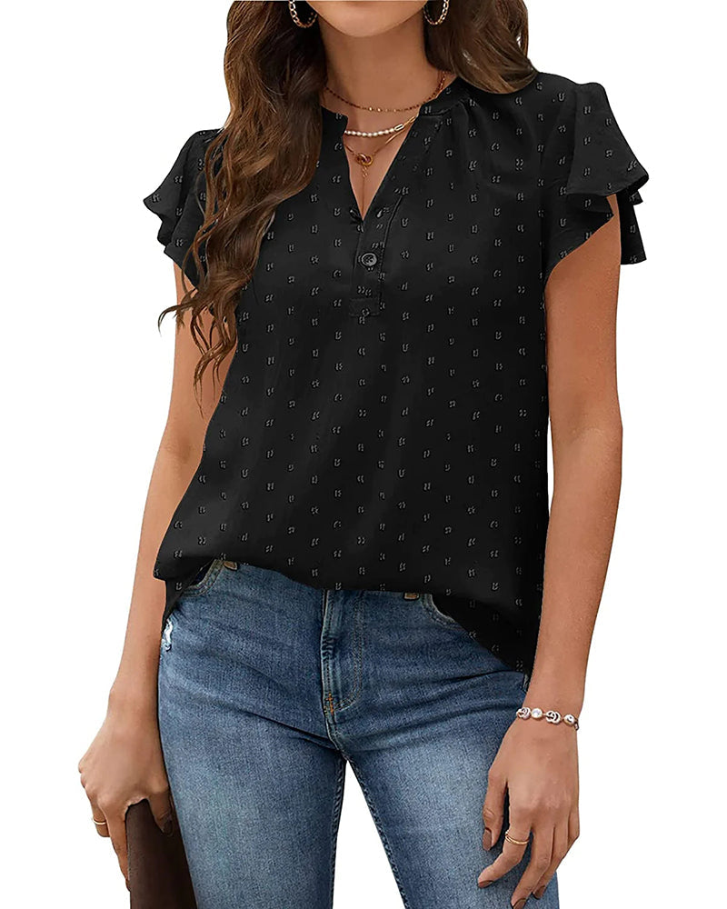 Womens Blouse V Neck Ruffle Short Sleeve Swiss Dot Tops Button Casual Shirts - Zeagoo (Us Only)