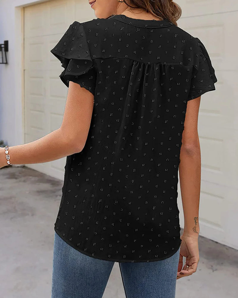 Womens Blouse V Neck Ruffle Short Sleeve Swiss Dot Tops Button Casual Shirts - Zeagoo (Us Only)