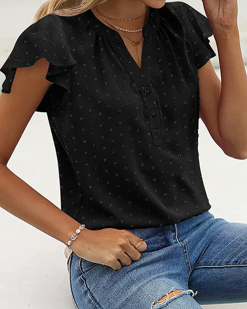 Womens Blouse V Neck Ruffle Short Sleeve Swiss Dot Tops Button Casual Shirts - Zeagoo (Us Only)