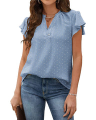 Womens Blouse V Neck Ruffle Short Sleeve Swiss Dot Tops Button Casual Shirts - Zeagoo (Us Only)