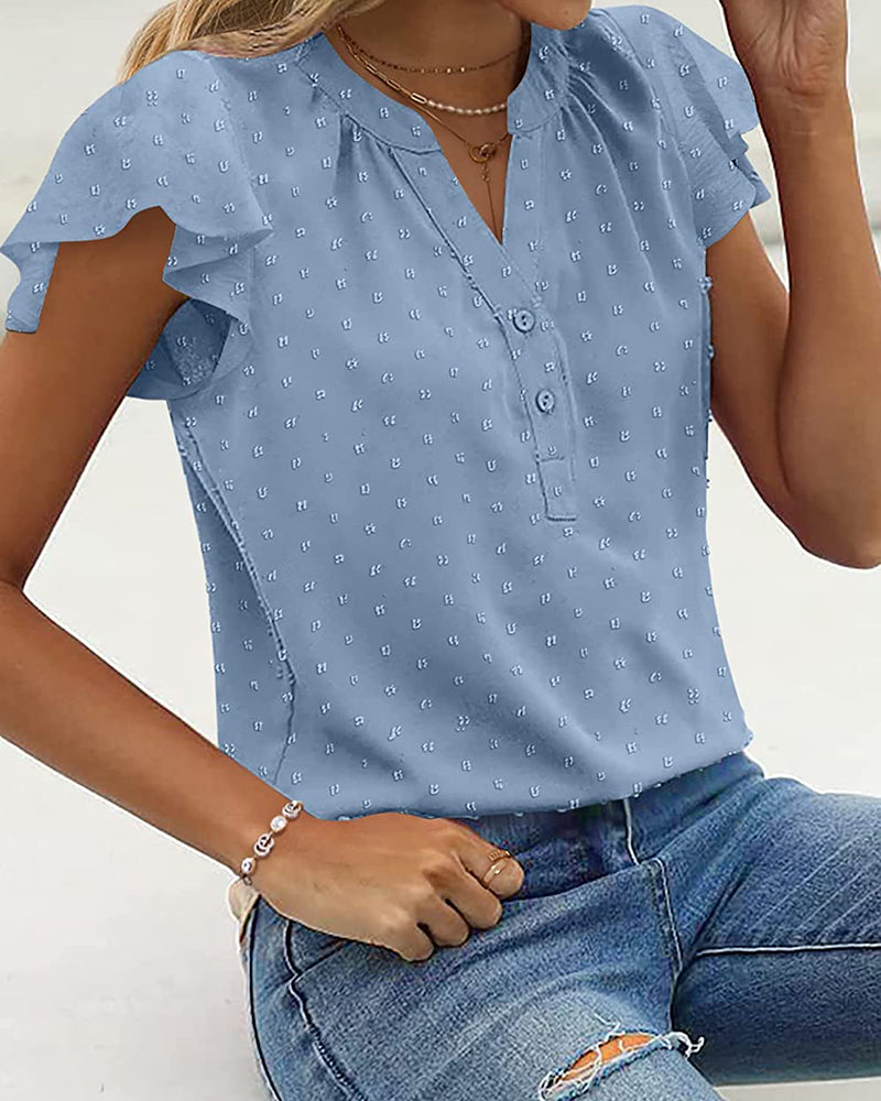 Womens Blouse V Neck Ruffle Short Sleeve Swiss Dot Tops Button Casual Shirts - Zeagoo (Us Only)