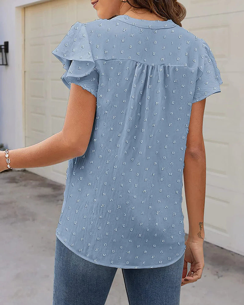 Womens Blouse V Neck Ruffle Short Sleeve Swiss Dot Tops Button Casual Shirts - Zeagoo (Us Only)