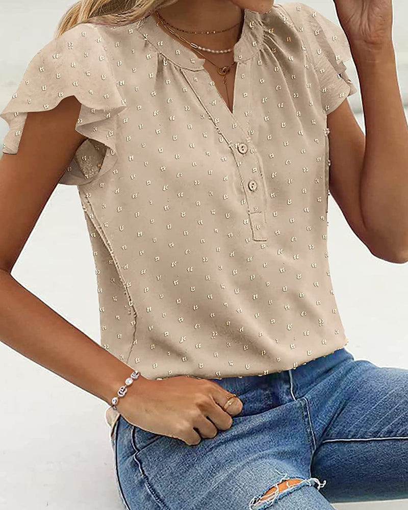 Womens Blouse V Neck Ruffle Short Sleeve Swiss Dot Tops Button Casual Shirts - Zeagoo (Us Only)