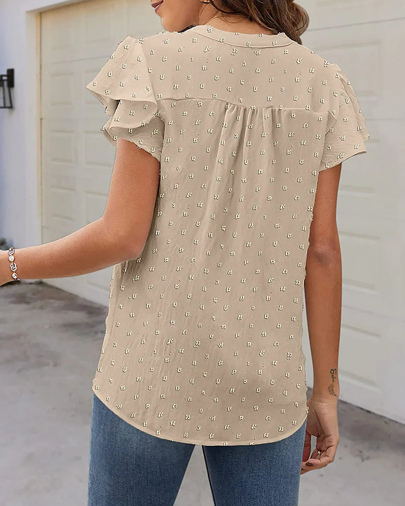 Womens Blouse V Neck Ruffle Short Sleeve Swiss Dot Tops Button Casual Shirts - Zeagoo (Us Only)