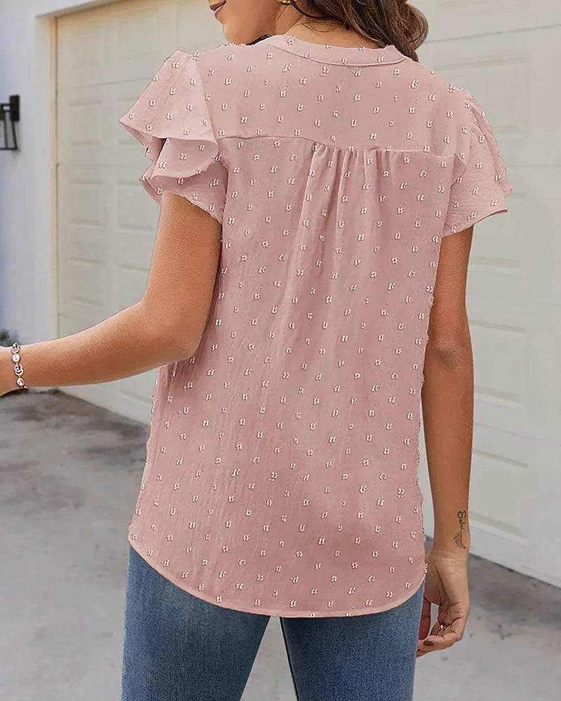 Womens Blouse V Neck Ruffle Short Sleeve Swiss Dot Tops Button Casual Shirts - Zeagoo (Us Only)