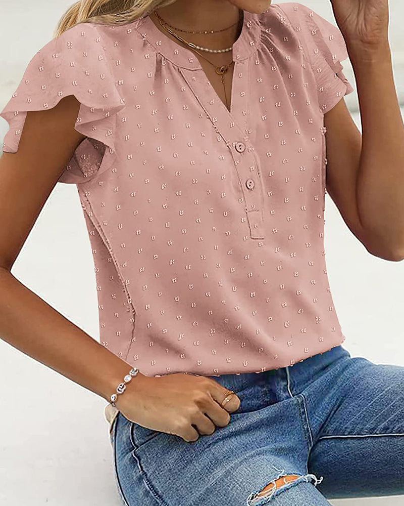 Womens Blouse V Neck Ruffle Short Sleeve Swiss Dot Tops Button Casual Shirts - Zeagoo (Us Only)