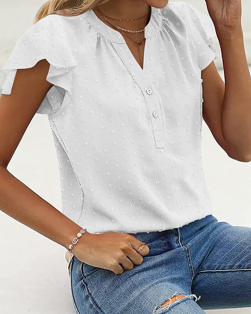 Womens Blouse V Neck Ruffle Short Sleeve Swiss Dot Tops Button Casual Shirts - Zeagoo (Us Only)